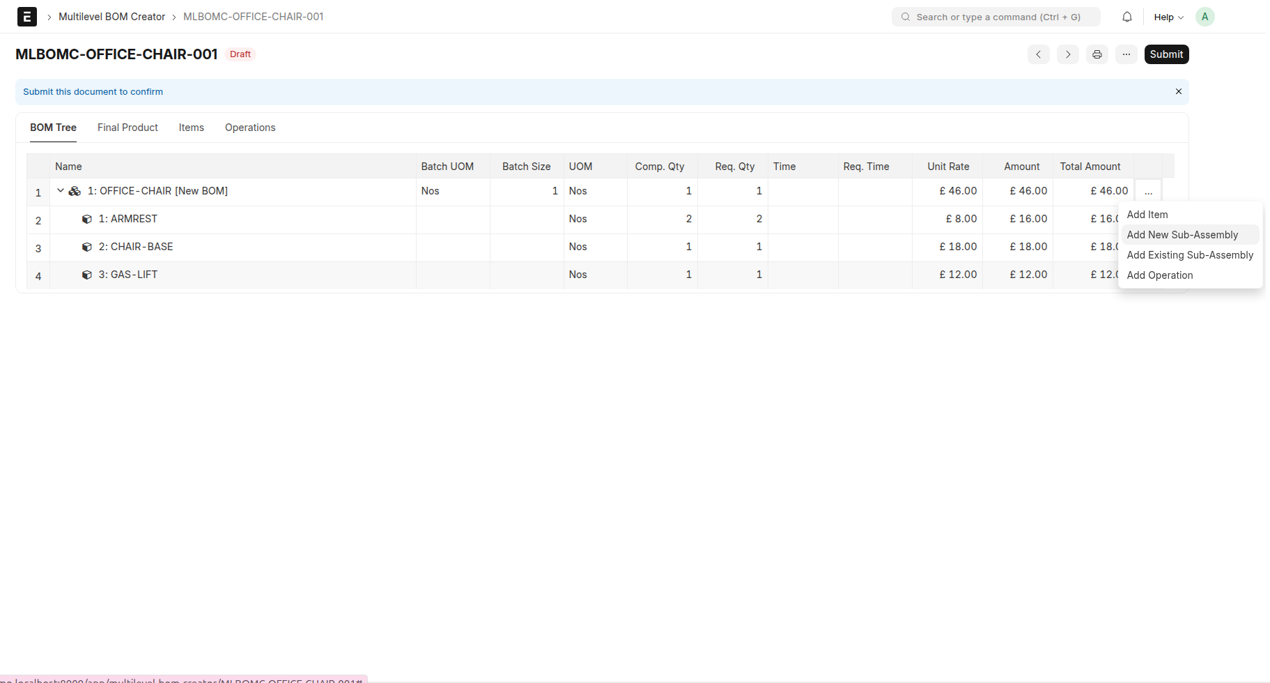 Add New Sub-Assembly menu