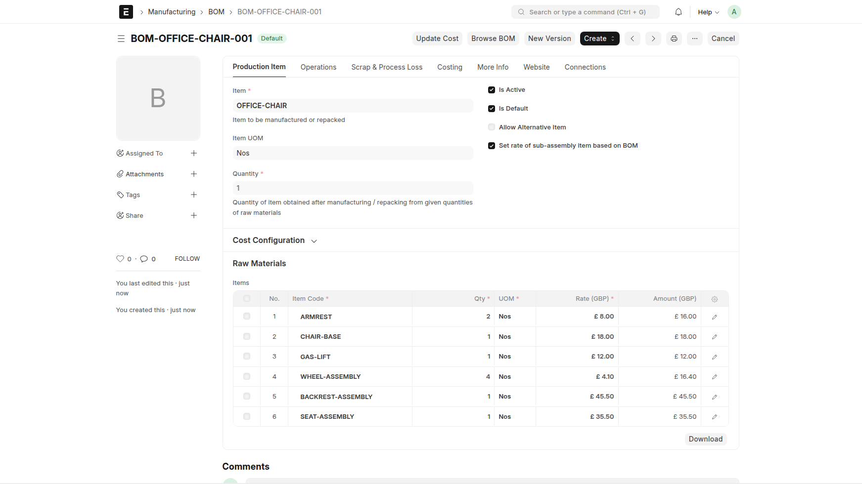 Created Chair BOM document