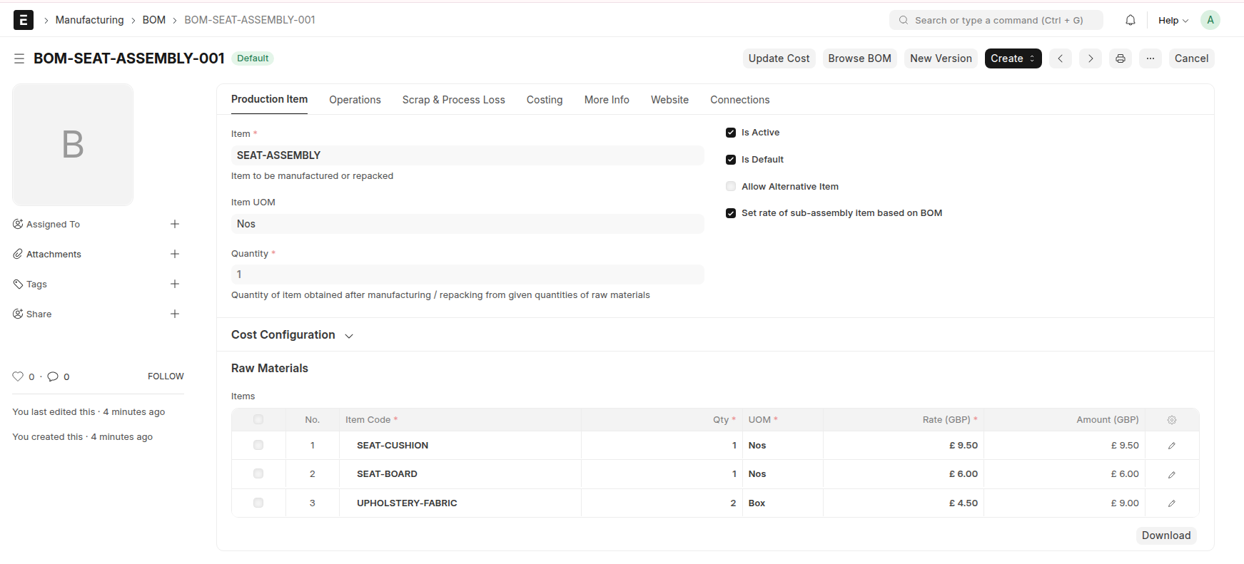 Created Seat Assembly BOM