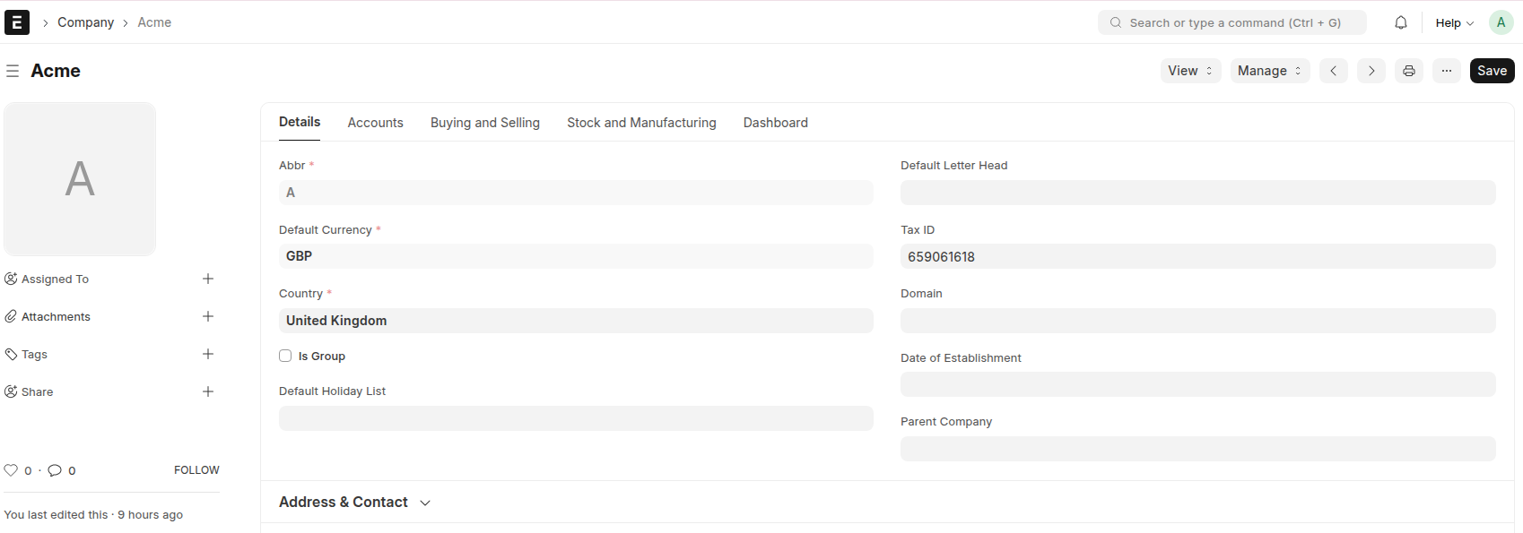 Company Tax ID field showing VAT Registration Number