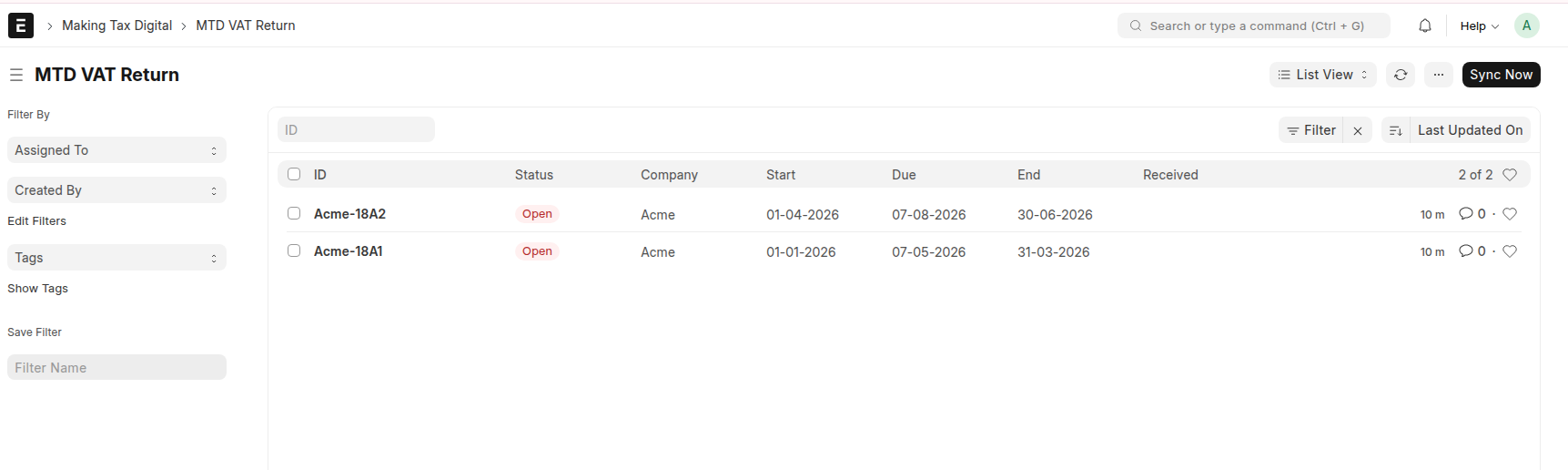 MTD VAT Return list with Sync Now