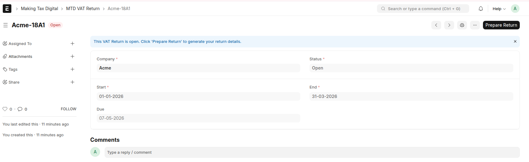 Open MTD VAT Return with Prepare Return