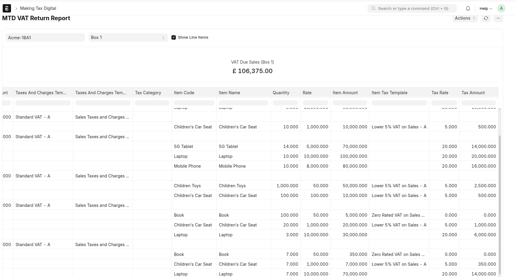 MTD VAT Return Report — Show Line Items
