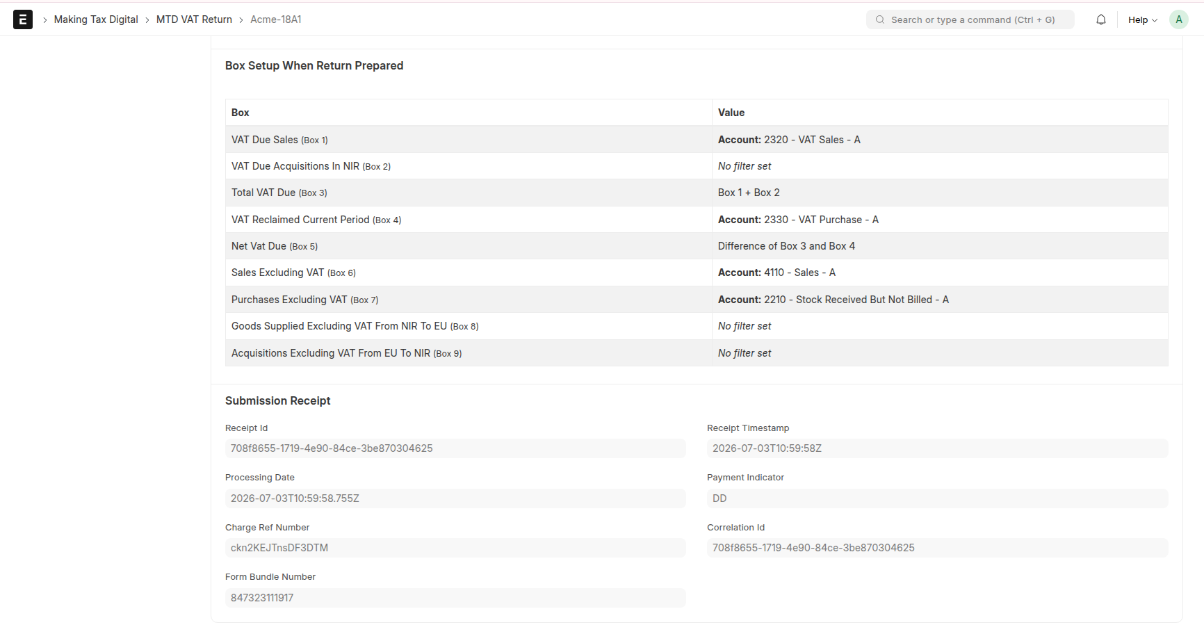 Submission Receipt section on MTD VAT Return